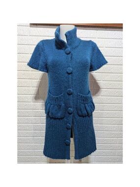 Pixie Women's Blue Short-Sleeve Button/Snap Front Long Sweater Cardigan Size S